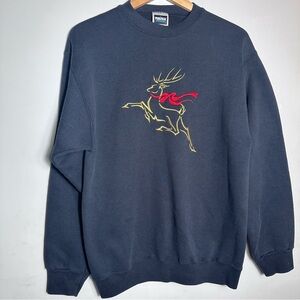 Vintage 90s Tultex Black Sweatshirt with gold Reindeer Design embroidered